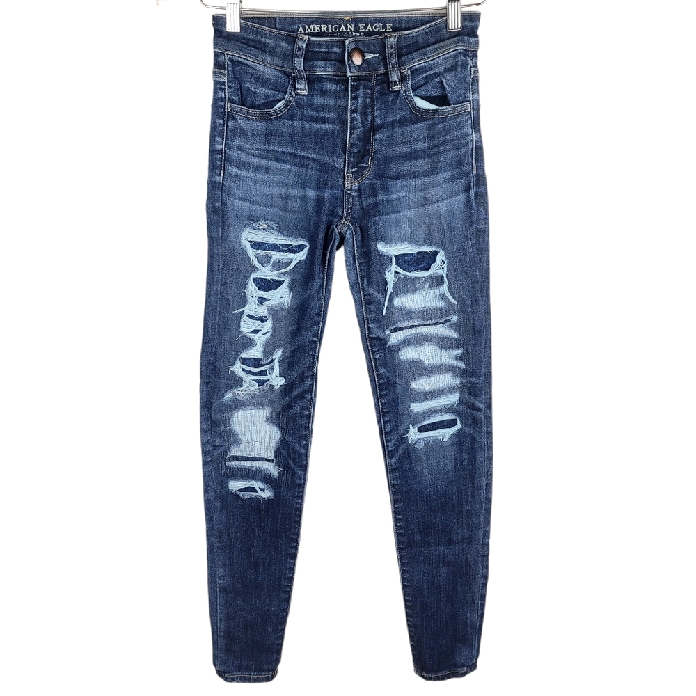 American Eagle Size 00 Short Womens Jeans High Waist Jegging Skinny Distressed